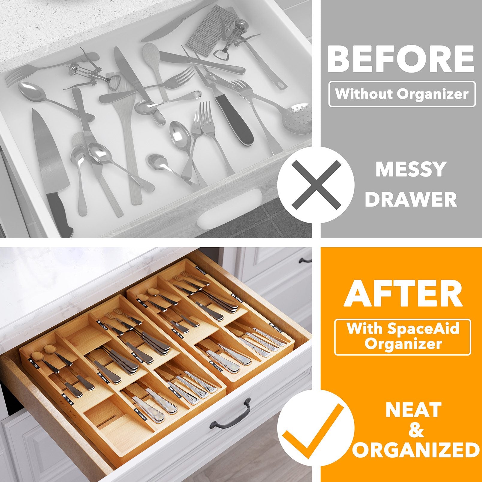 SpaceAid Bamboo Silverware Drawer Organizer — alternate view